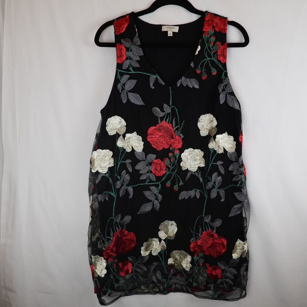 Umgee Sleeveless Dress Large Floral Embroidered Sheer Overlay Black Red White - Picture 14 of 16